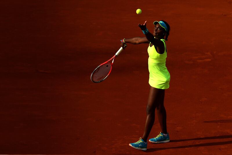 PARIS, FRANCE - JUNE 03:  Sloane Stephens of United States of America serves during her Women's Singles match against Maria Sharapova of Russia during day nine of the French Open at Roland Garros on June 3, 2013 in Paris, France.  (Photo by Matthew Stockman/Getty Images) *** Local Caption ***  169858713.jpg