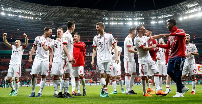 epa06675824 Bayern players celebrate after winning the German DFB Cup semi final soccer match between Bayer Leverkusen and FC Bayern Munich in Leverkusen, Germany, 17 April 2018. (ATTENTION: The DFB prohibits the utilisation and publication of sequential pictures on the internet and other online media during the match (including half-time). ATTENTION: BLOCKING PERIOD! The DFB permits the further utilisation and publication of the pictures for mobile services (especially MMS) and for DVB-H and DMB only after the end of the match.)  EPA/FRIEDEMANN VOGEL