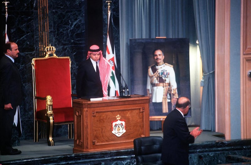 346318 01: Jordan, Amman, Feb. 7, 1999 (671481-001) Jordan's King Abdullah Is Sworn In After The Death Of King Hussein As Prince Hassan Looks On.  (Photo By Scott Peterson/Getty Images)