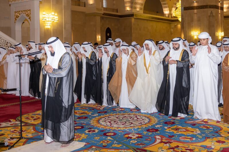 Sheikh Hamad bin Mohammed Al Sharqi, Ruler of Fujairah and Supreme Council Member, and Sheikh Mohammed bin Hamad Al Sharqi, Crown Prince of Fujairah, at Eid Al Fitr prayers at the Sheikh Zayed Grand Mosque in the emirate. Wam