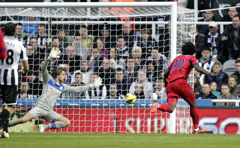 West Bromwich Albion's Belgian striker Romelu Lukaku (R) scores past Newcastle's Dutch goalkeeper Tim Krul (L) during the English Premier League football match between Newcastle United and West Bromwich Albion at St James' Park in Newcastle, north-east England on October 28, 2012. AFP PHOTO/GRAHAM STUART

RESTRICTED TO EDITORIAL USE. No use with unauthorized audio, video, data, fixture lists, club/league logos or “live” services. Online in-match use limited to 45 images, no video emulation. No use in betting, games or single club/league/player publications
 *** Local Caption ***  772540-01-08.jpg