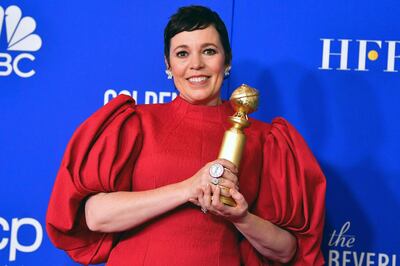TOPSHOT - British actress Olivia Colman poses in the press room with the award for Best Performance by an Actress In A Television Series - Drama for "The Crown" during the 77th annual Golden Globe Awards on January 5, 2020, at The Beverly Hilton hotel in Beverly Hills, California. / AFP / FREDERIC J. BROWN
