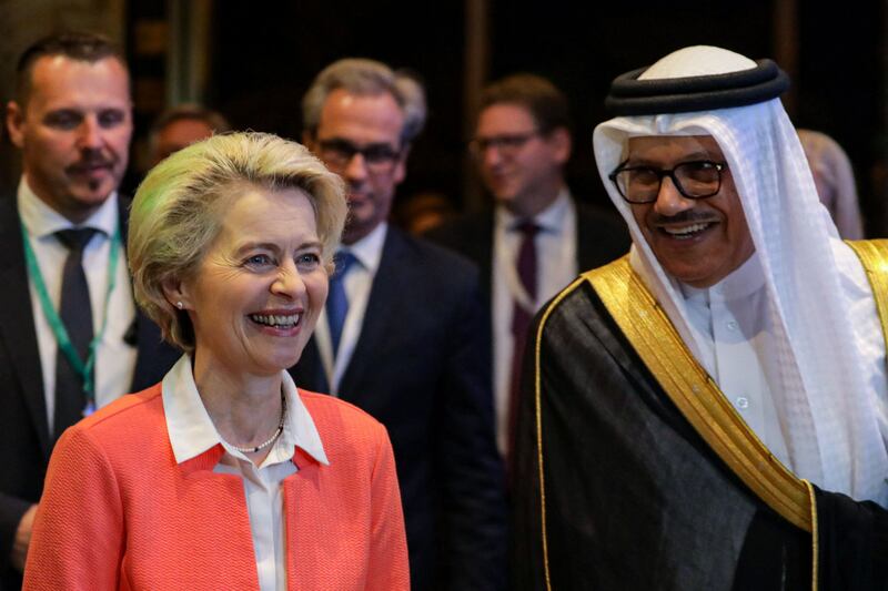 Bahrain's Foreign Minister Abdullatif bin Rashid Al Zayani and European Commission President Ursula von der Leyen at the opening of the IISS Manama Dialogue, on Friday.  AFP