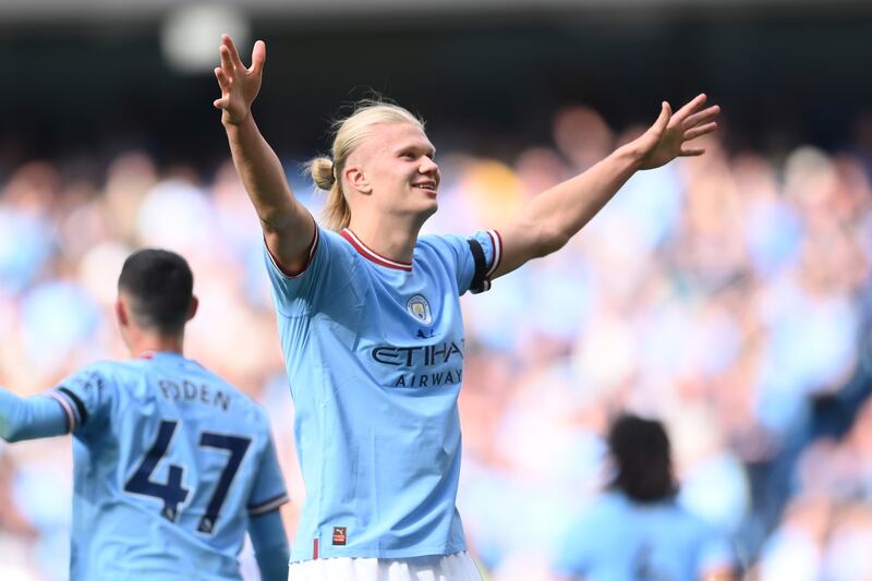 Erling Haaland celebrates scoring City's second goal. Getty