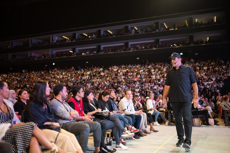 Tony Robbins spent very little time actually on stage, roaming among the crowd for most of his talk. 