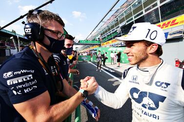 MONZA, ITALY - SEPTEMBER 06: Race winner Pierre Gasly of France and Scuderia AlphaTauri celebrates in parc ferme during the F1 Grand Prix of Italy at Autodromo di Monza on September 06, 2020 in Monza, Italy. (Photo by Peter Fox/Getty Images)