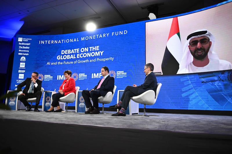 UAE minister Omar Al Olama speaks during a session on AI's role in the global economy, at the IMF and World Bank Spring Meetings in Washington. AFP