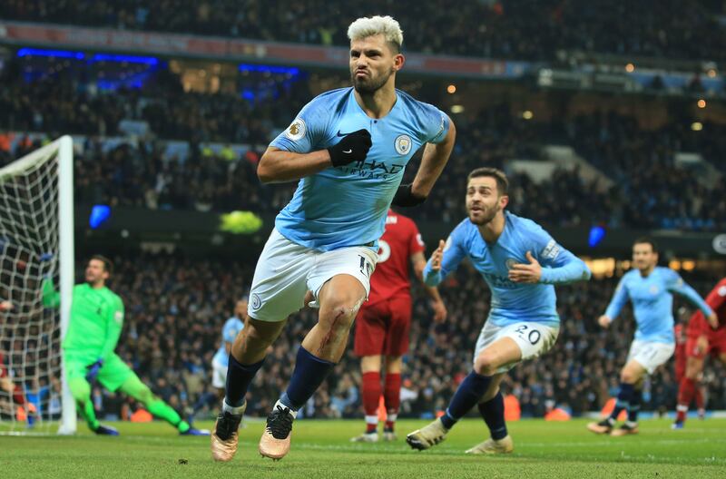 Sergio Aguero celebrates after scoring for Manchester City against Liverpool in the Premier League game at the Ethiad stadium in January, 2019. AP