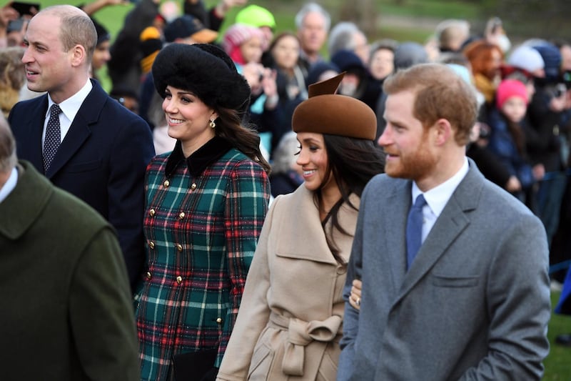 Britain's Prince William, Duke of Cambridge (L) and Catherine, Duchess of Cambridge (2-L), Prince Harry (R) and his fiancee, US actress Meghan Markle (2-R) attend the Christmas Day Church Service at St. Mary Magdalene Church in Sandringham, Norfolk, Britain.  EPA