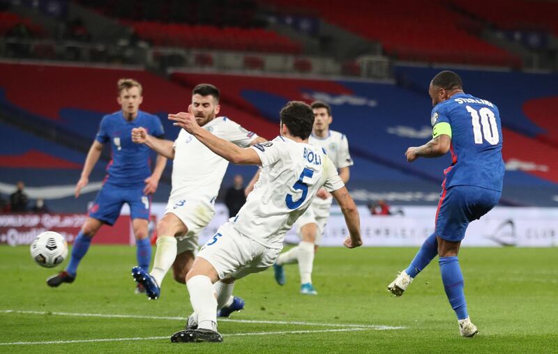 Raheem Sterling scores England's third against San Marino in London. EPA