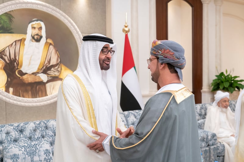 ABU DHABI, UNITED ARAB EMIRATES - August 21, 2018: HH Sheikh Mohamed bin Zayed Al Nahyan, Crown Prince of Abu Dhabi and Deputy Supreme Commander of the UAE Armed Forces (L) greets HE Dr Khaled Saeed Salem Al Jaradi, Ambassador of Oman to the UAE (R), during an Eid Al Adha reception at Mushrif Palace. 

(Rashed Al Mansoori / Crown Prince Court - Abu Dhabi )
---