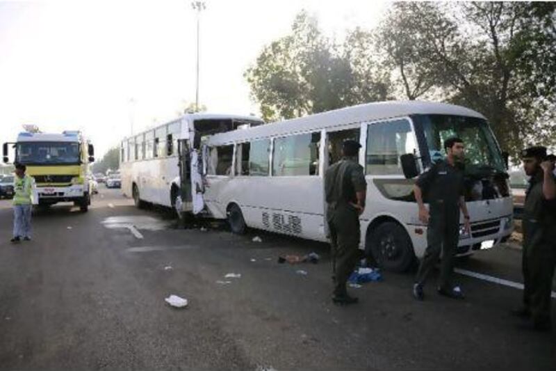The two buses collided on Sunday morning on the E11 between Dubai and Abu Dhabi. Courtesy of Abu Dhabi Police