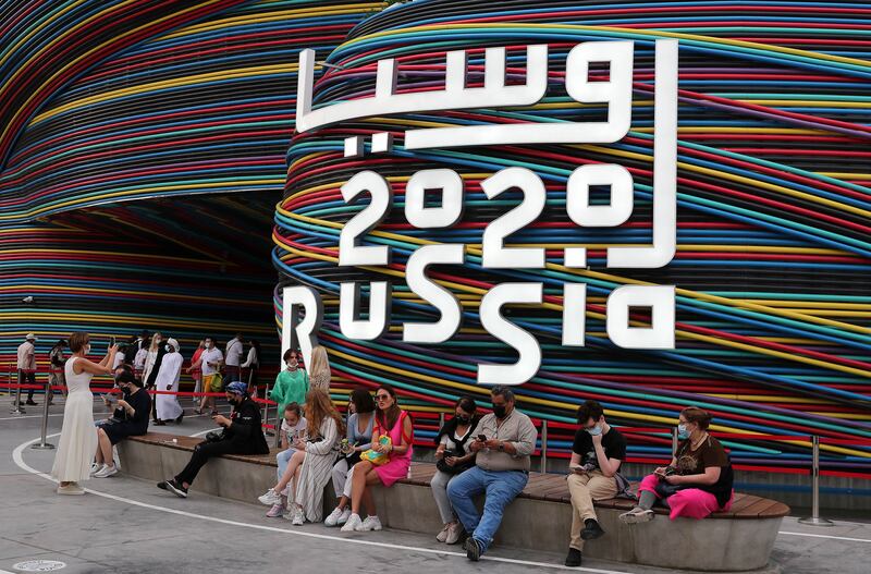 Visitors outside the Russia pavilion