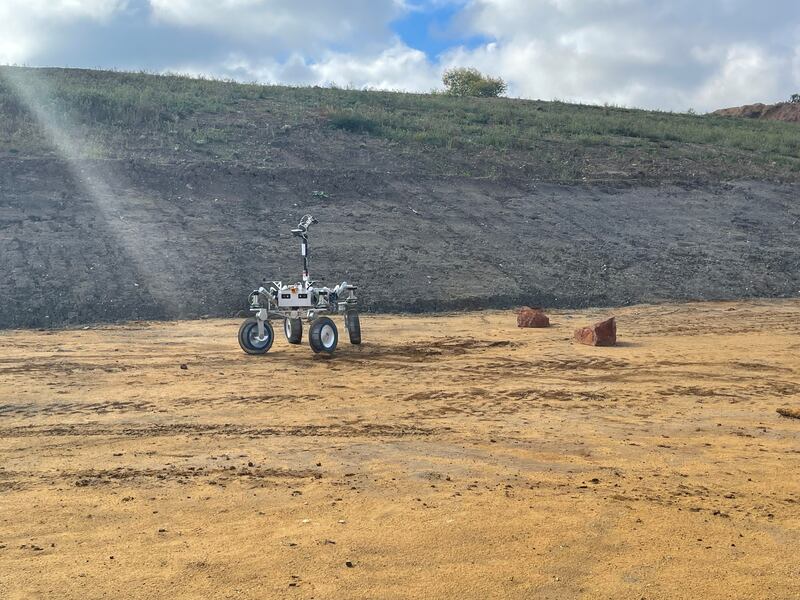 The Sample Fetch Rover, known as Anon, is put through its paces at a quarry in Milton Keynes, England, on September 29. PA
