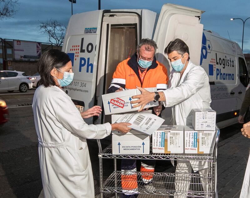 Health workers receive the AstraZeneca vaccine at University Clinico Hospital in Zaragoza. EPA