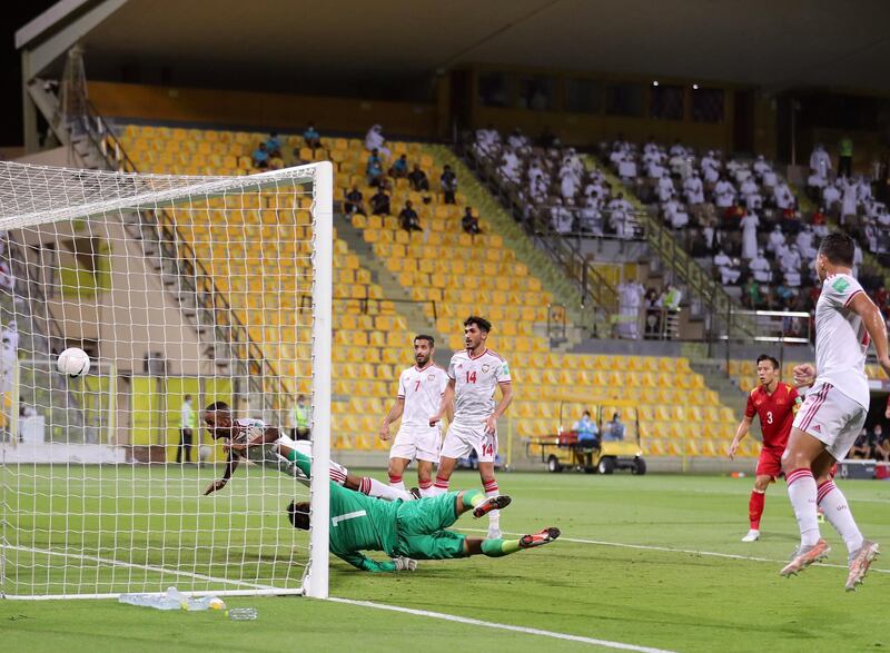UAE's Mahmoud Khamis scores during the game between the UAE and Vietnam in the World cup qualifiers at the Zabeel Stadium, Dubai on June 15th, 2021. Chris Whiteoak / The National. 
Reporter: John McAuley for Sport
