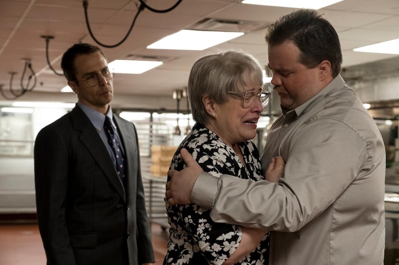 This image released by Warner Bros. Pictures shows Sam Rockwell, from left, Kathy Bates and Paul Walter Hauser in a scene from "Richard Jewell." (Claire Folger/Warner Bros. Pictures via AP)