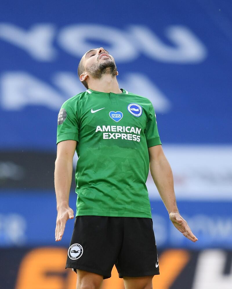 Brighton's Neal Maupay reacts after seeing his penalty saved by Leicester goalkeeper Kasper Schmeichel. Reuters