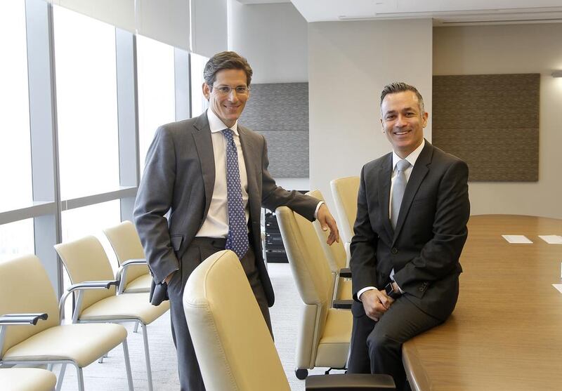 Managing partners of Shearman & Sterling Middle East, Marwan Elaraby, right, and James Comyn, at their office in Etihad Towers. Jeffrey E Biteng / The National