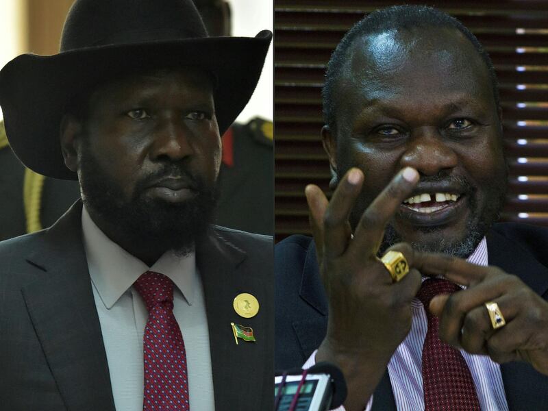 (COMBO) This combination of pictures created on June 19, 2018 shows (L)South Sudan's President Salva Kiir arriving to attend the Ordinary Session of the Assembly of Heads of State and Government of the African Union (AU) during the 30th annual AU summit in Addis Ababa on January 29, 2018 and (R) South Sudan's rebel leader Riek Machar gestures as he holds a press conference in Kampala on January 26, 2016.
 South Sudan president Salva Kiir will meet with rebel leader Riek Machar in Ethiopia's capital on June 20, 2018, their first meeting in nearly two years, an Ethiopian official said on June 19, 2018.
 / AFP / SIMON MAINA AND ISAAC KASAMANI
