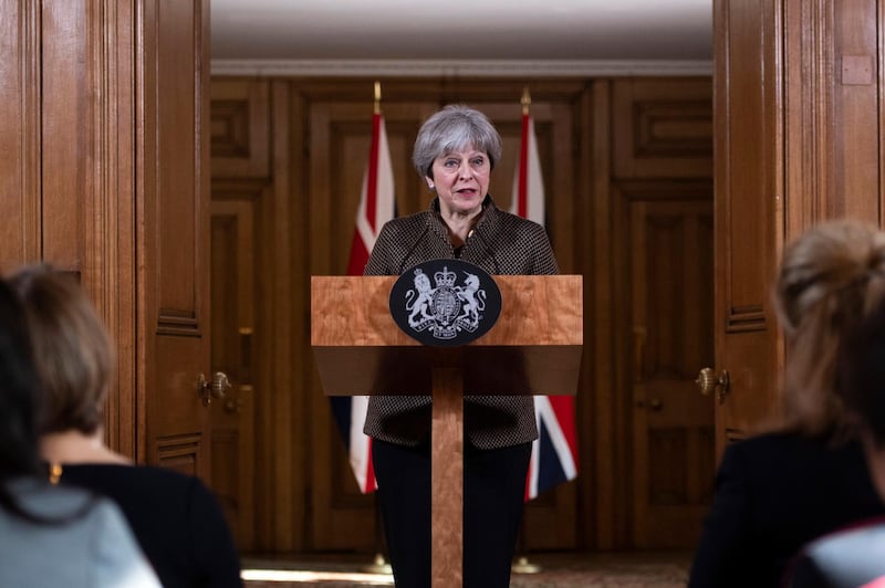 epa06668442 British Prime Minister Theresa May addresses the media during a press conference held in 10 Downing Street, central London, Britain, 14 April 2018. The press conference follows military action taken overnight by the United States, Britain and France against targets in Syria in response to a suspected chemical attack last weekend in the rebel-held suburb of Douma, east of Damascus, Syria.  EPA/WILL OLIVER / POOL