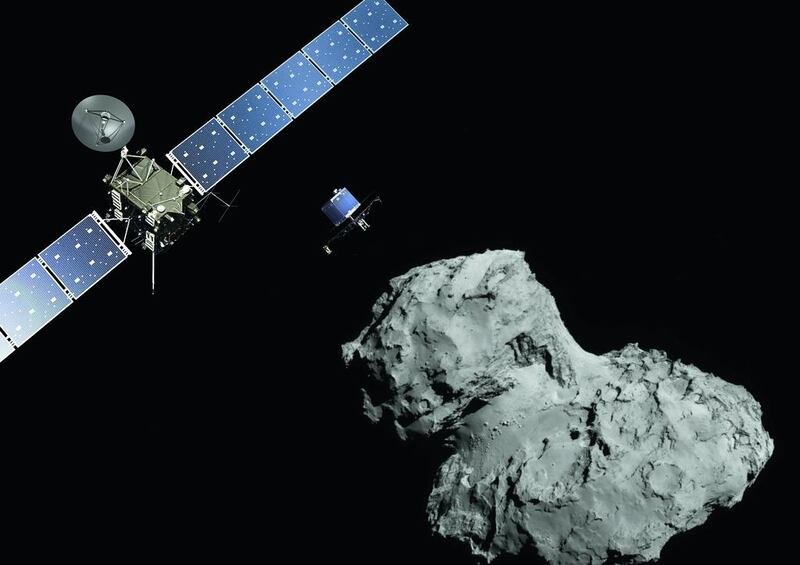 An illustration prepared by the European Space Agency of the Rosetta probe and Philae lander approaching comet 67P. ESA via Getty Images