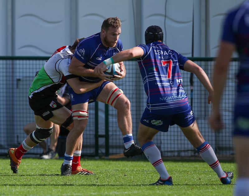 Liam Cronin of Jebel Ali Dragons in action during the West Asia Premiership game against Abu Dhabi Harlequins at Zayed Sports City in Abu Dhabi. Victor Besa / The National