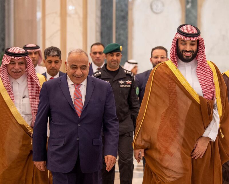 Saudi Arabia's Crown Prince Mohammed bin Salman walks with Iraq's Prime Minister Adel Abdul Mahdi in Riyadh, Saudi Arabia April 17, 2019. Picture taken April 17, 2019. Bandar Algaloud/Courtesy of Saudi Royal Court/Handout via REUTERS ATTENTION EDITORS - THIS IMAGE WAS PROVIDED BY A THIRD PARTY.