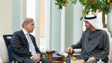 President Sheikh Mohamed meets Pakistan Prime Minister Shehbaz Sharif at Al Shati Palace. Photo: UAE Presidential Court