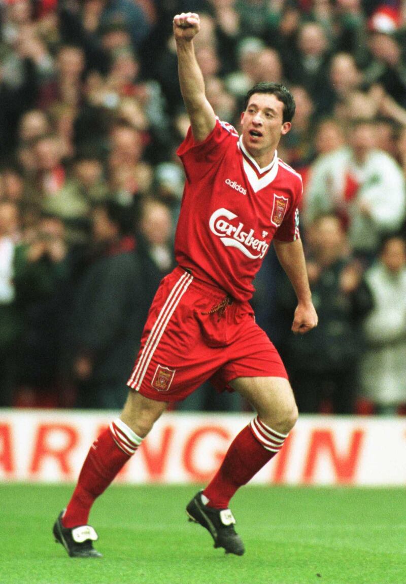 3 Mar 1996:  Robbie Fowler of Liverpool celebrates scoring the third goal against Aston Villa during the Premiership game at Anfield today. Mandatory Credit: Ben Radford/Allsport/Getty Images