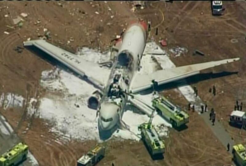 An Asiana Airlines Boeing 777 is pictured after it crashed while landing in this KTVU image at San Francisco International Airport in California, July 6, 2013.    
REUTERS/KTVU/Handout via Reuters  (UNITED STATES - Tags: DISASTER TRANSPORT) ATTENTION EDITORS - NO SALES. NO ARCHIVES. FOR EDITORIAL USE ONLY. NOT FOR SALE FOR MARKETING OR ADVERTISING CAMPAIGNS. THIS IMAGE HAS BEEN SUPPLIED BY A THIRD PARTY. IT IS DISTRIBUTED, EXACTLY AS RECEIVED BY REUTERS, AS A SERVICE TO CLIENTS. MANDATORY CREDIT *** Local Caption ***  TOR302_USA-CRASH-AS_0706_11.JPG