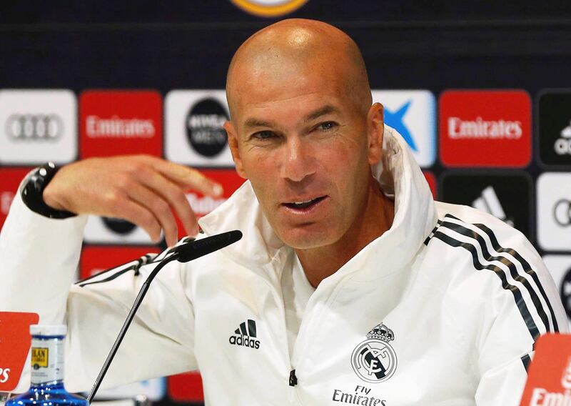 epa07580432 Real Madrid's head coach Zinedine Zidane speaks during a press conference at the club's Valdebebas sports city in Madrid, Spain, 18 May 2019. Real Madrid will face Real Betis in their Spanish La Liga soccer match on 19 May 2019.  EPA/PACO CAMPOS