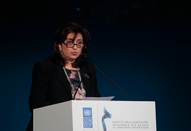 Dubai, United Arab Emirates - December 7, 2014.  HE Dr Sima Bahous ( Assistant Secretary General, Regional Director - The Regional Bureau for Arab States ) speaking at the Opening Session of The First Knowledge Conference, held at Grand Hyatt Hotel.  ( Jeffrey E Biteng / The National )  Editor's Note; Ramola T reports.