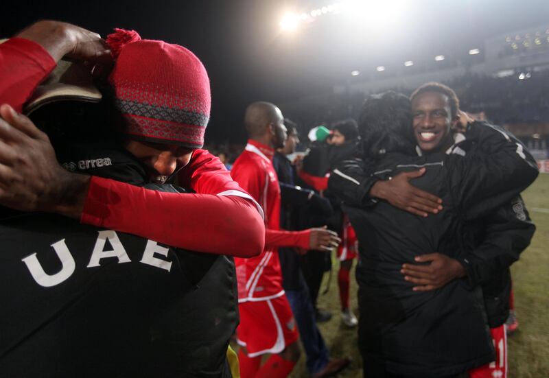 March 14, 2012 (Tashkent Uzbekistan) UAE players and staff celebrate after beating Uzbekistan 3-2 to qualify for the Olympics in Uzbekistan March 14, 2012.  (Sammy Dallal / The National)