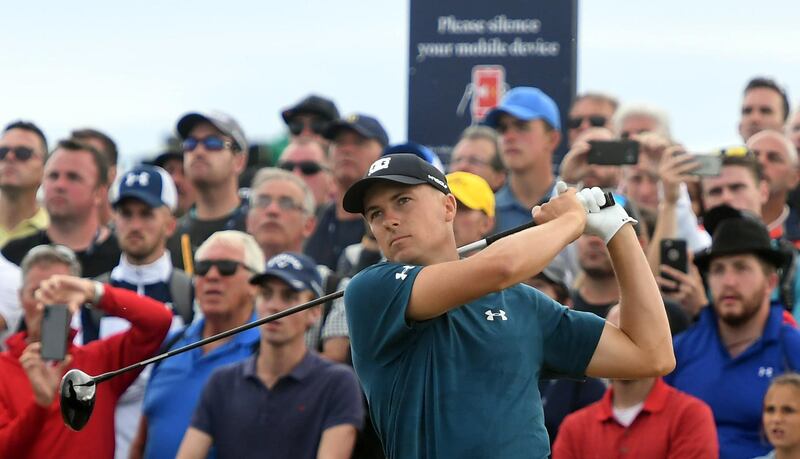 epa06903104 Jordan Spieth of the US tees off on the 18th during the third round of the British Open Golf Championship at Carnoustie, Britain, 21 July 2018.  EPA/GERRY PENNY