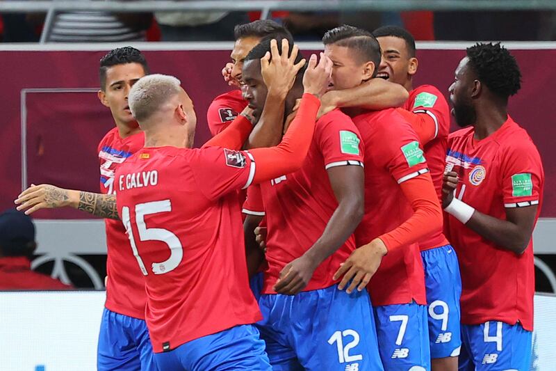 Costa Rica players celebrate after Joel Campbell's goal. AFP