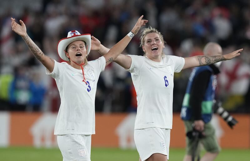 England's Rachel Daly and Millie Bright celebrate after the Uefa Women's Euro 2022 semi-final win against  Sweden in Sheffield on July 26, 2022. EPA