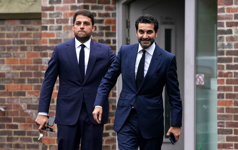 Mehrdad Ghodoussi, right, and Jamie Reuben at Jesmond Dene House, Newcastle, following the announcement that the Saudi-led takeover of Newcastle has been approved. PA