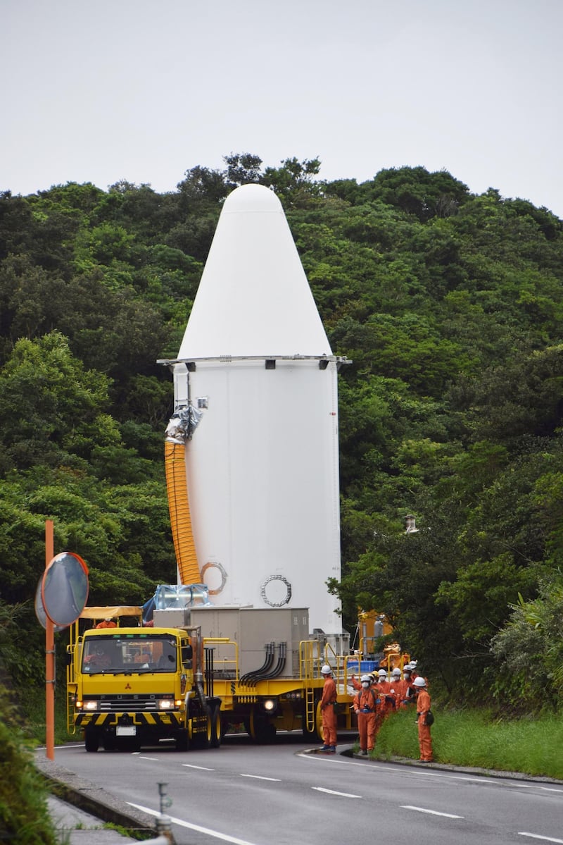 An earlier image of the nose cone, in which the probe is sent into space, being transported to the launch site on Tanegashima island