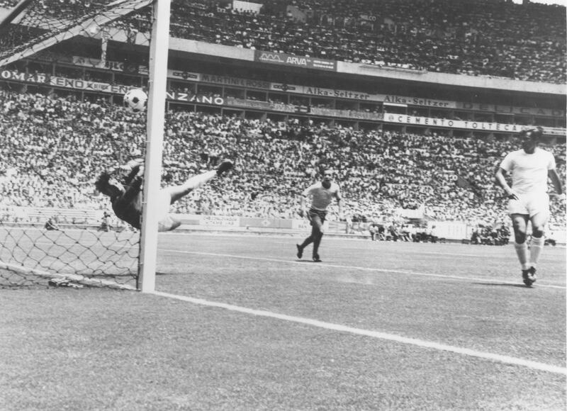 England goalkeeper Gordon Banks makes a remarkable save from a header by Pele of Brazil during their first round match in the World Cup at Guadalajara, Mexico, June 1970.  Brazil went on to win 1-0. Mandatory Credit: Allsport Hulton/Archive