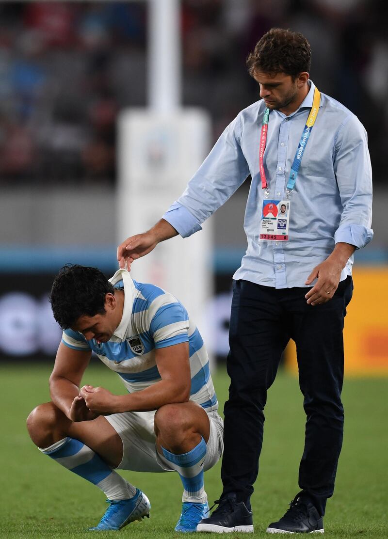Argentina's wing Matias Moroni reacts after defeat against England at the Tokyo Stadium. AFP
