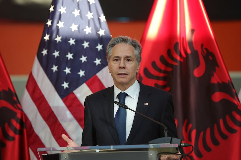 US Secretary of State Antony Blinken delivers a speech in Tirana, Albania. AFP