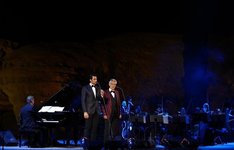 Andrea Bocelli performs in concert with his son Matteo Bocelli at Hegra. Getty Images for The Royal Commission for AlUla