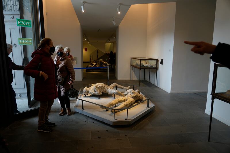 Visitors look at the casts of some of the victims of the Vesuvius eruption.