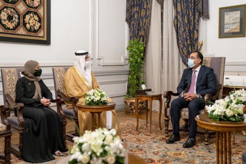 Egypt’s Prime Minister Dr Mostafa Madbouly receives an Emirati delegation headed by Mohammed Al Gergawi, Minister of Cabinet Affairs and Ohoud Al Roumi, Minister of State for Government Development and The Future. Photo: UAE Government Media Office