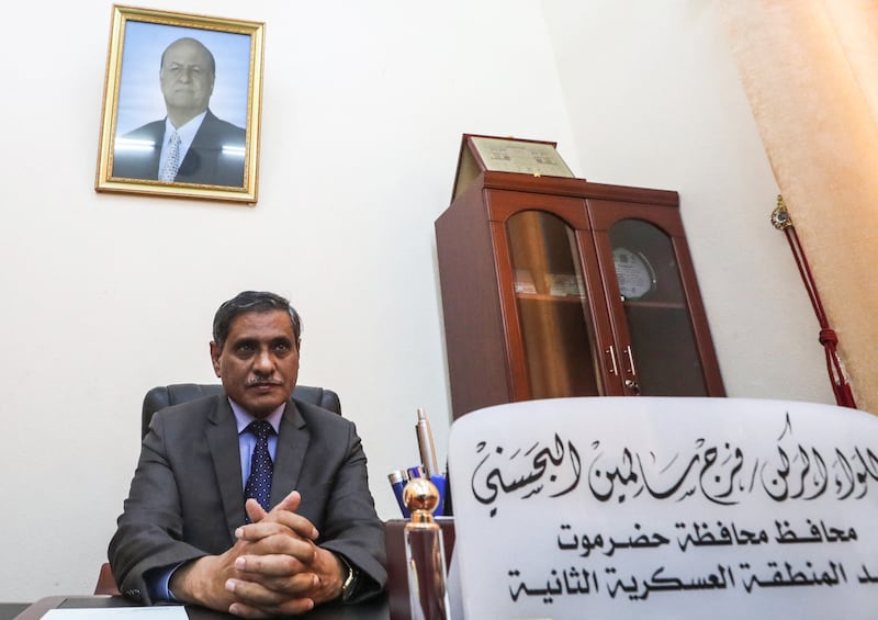 Gen Faraj Salmain Al Bahsani, governor of Hadramawt province, pictured in August 2018 at his office in Mukalla. AFP