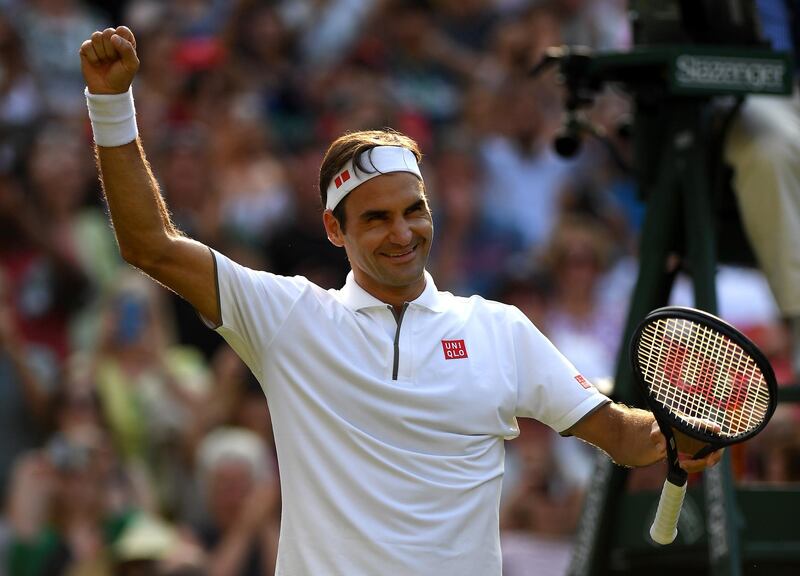 LONDON, ENGLAND - JULY 10: Roger Federer of Switzerland celebrates victory in his Men's Singles Quarter Final match against Kei Nishikori of Japan during Day Nine of The Championships - Wimbledon 2019 at All England Lawn Tennis and Croquet Club on July 10, 2019 in London, England. (Photo by Mike Hewitt/Getty Images)