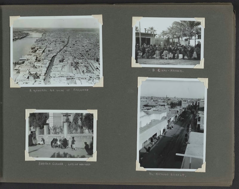 Iraq and Kurdistan - compiled by L Wells of RAF Hinaidi. From the top left clockwise: an aerial view of Baghdad, men at a chaikhana (tea house), a view of Al Rashid Street, and scribes. Baghdad, Iraq, circa 1934-1936