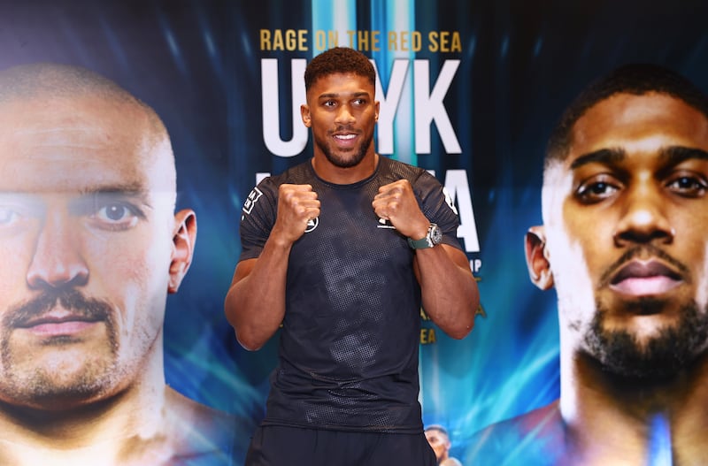 Anthony Joshua poses in the build-up to his fight with Oleksandr Usyk at Shangri-La Hotel in Jeddah, Saudi Arabia. Getty