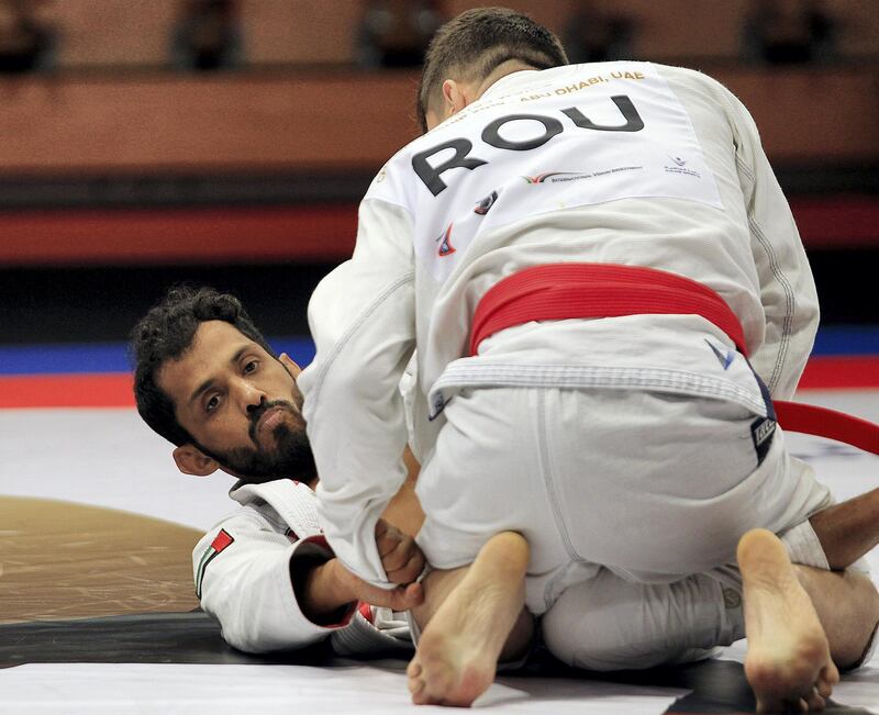 Abu Dhabi, October, 24 2019: (L) Al Kurbi Talib of UAE and (R) Corbei Remus of Romania compete in the finals during the Ju-Jitsu Championship in Abu Dhabi . Satish Kumar/ For the National / Story by Amit Passela